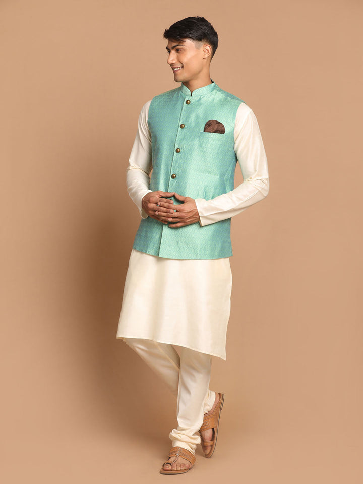 VASTRAMAY Men's Green Jacquard Nehru Jacket with Kurta Pyjama Set