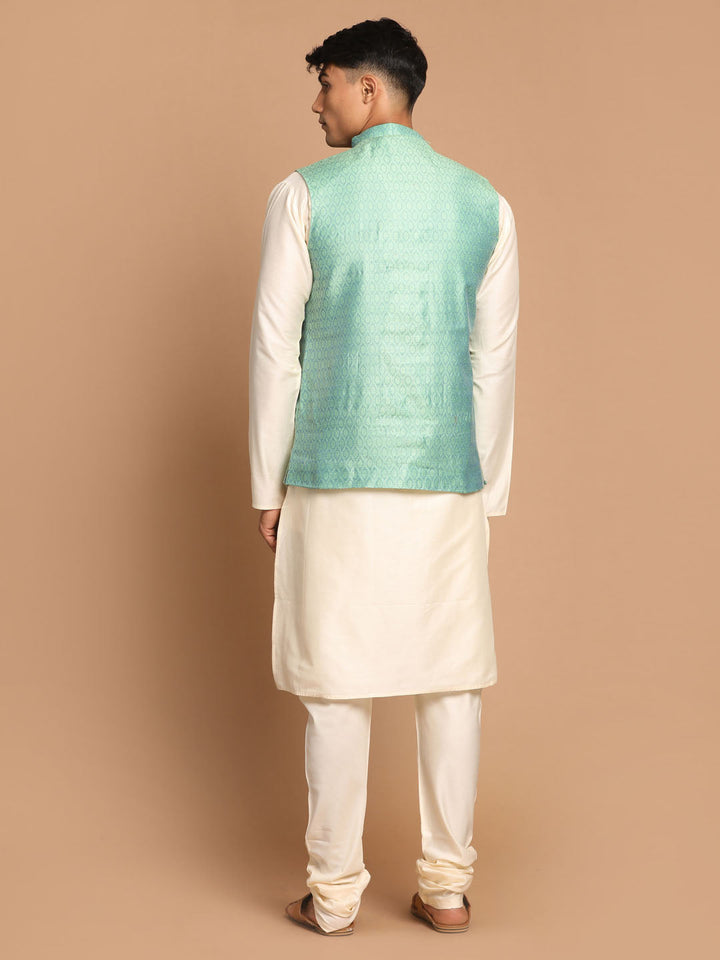 VASTRAMAY Green Woven Jacket With Cream Kurta and Pyjama Baap Beta Set