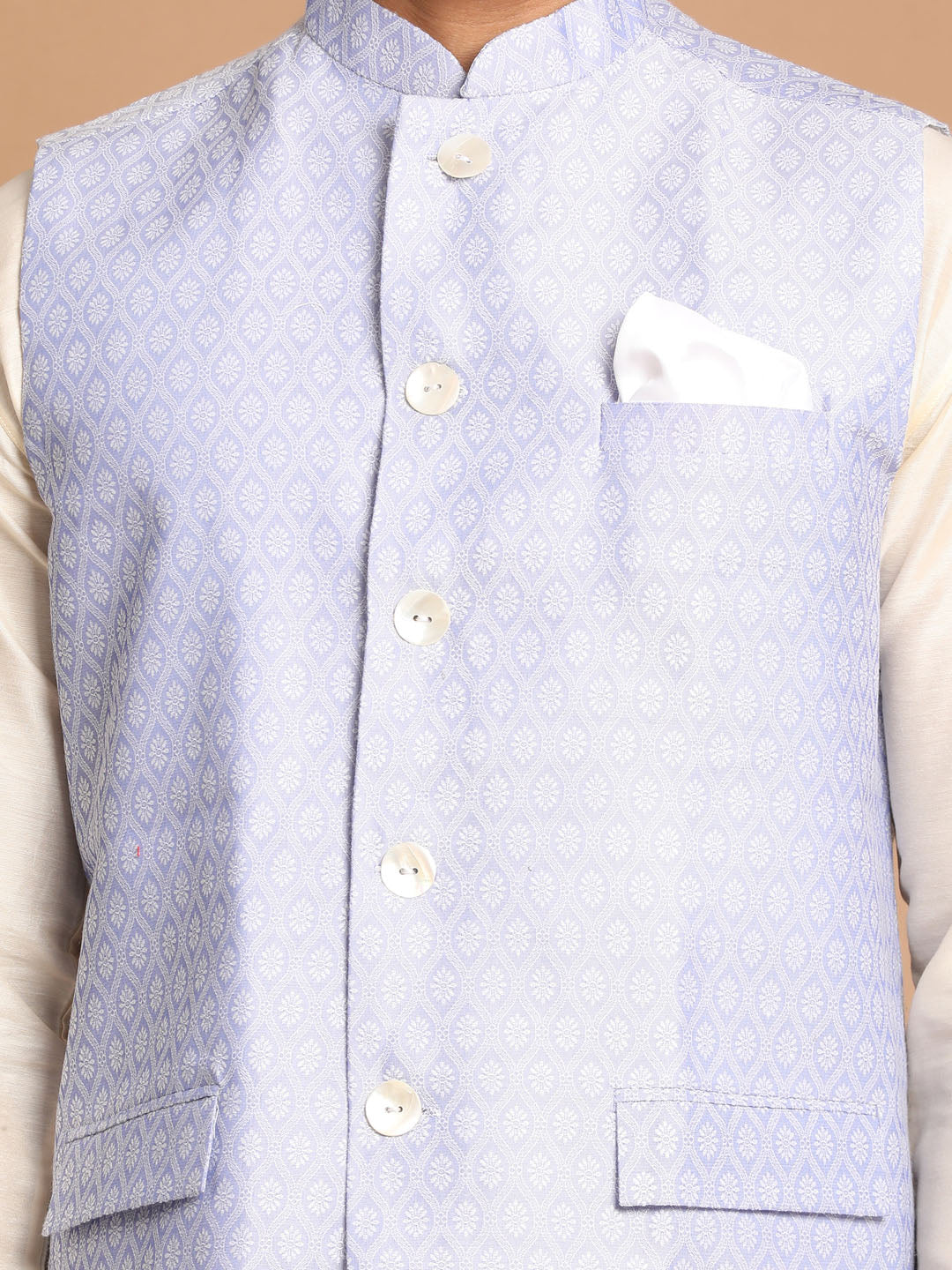 VASTRAMAY Men's Lavender Jacquard Nehru Jacket with Kurta Pyjama Set