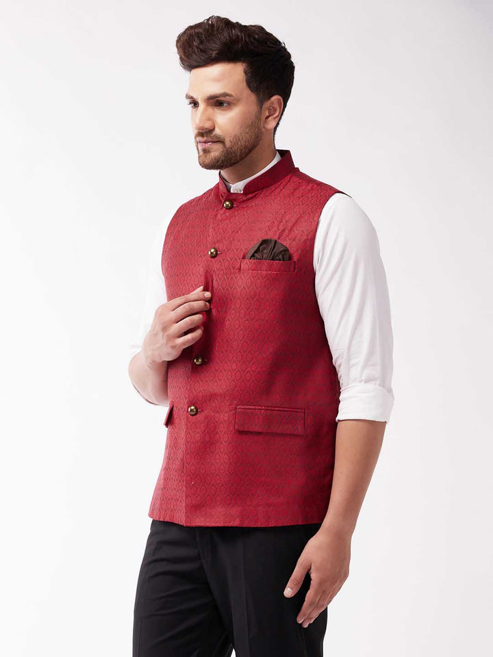 VASTRAMAY Men's Maroon Jacquard Nehru Jacket