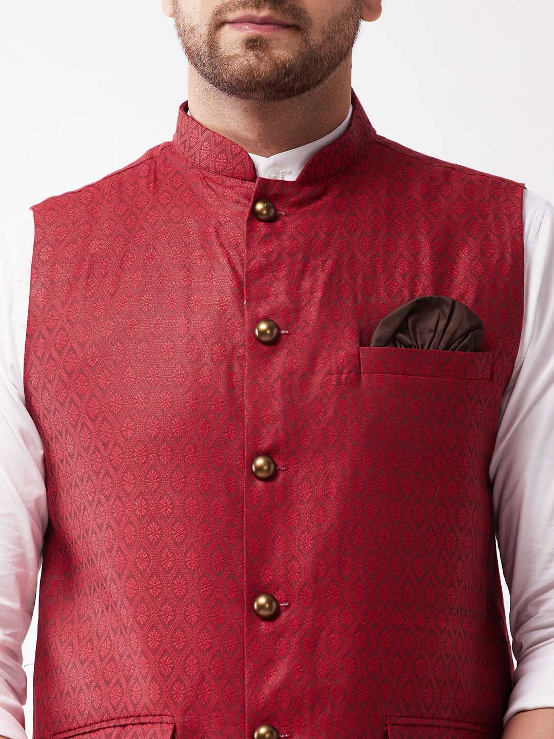 VASTRAMAY Men's Maroon Jacquard Nehru Jacket