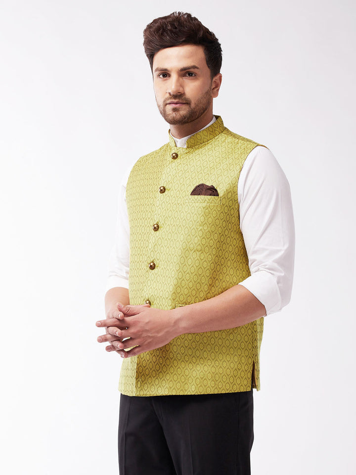 VASTRAMAY Men's Yellow Jacquard Nehru Jacket