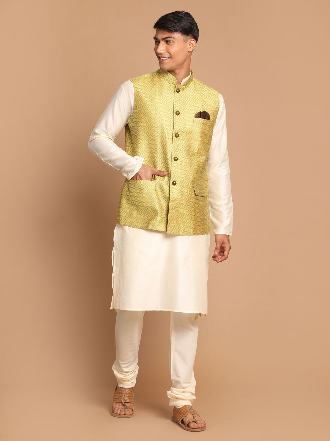 VASTRAMAY Men's Yellow Jacquard Nehru Jacket with Kurta Pyjama Set