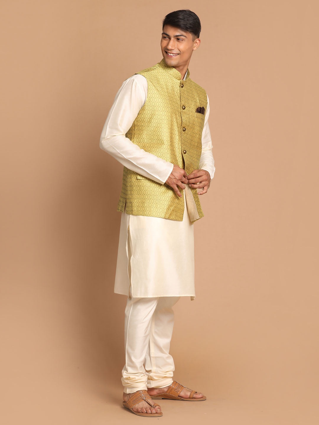 VASTRAMAY Men's Yellow Jacquard Nehru Jacket with Kurta Pyjama Set