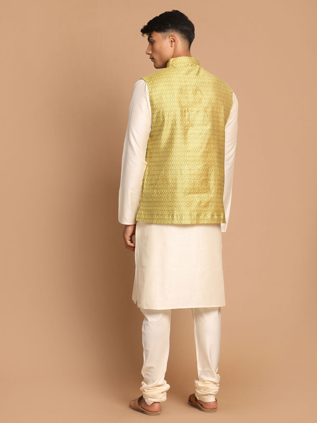 VASTRAMAY Men's Yellow Jacquard Nehru Jacket with Kurta Pyjama Set