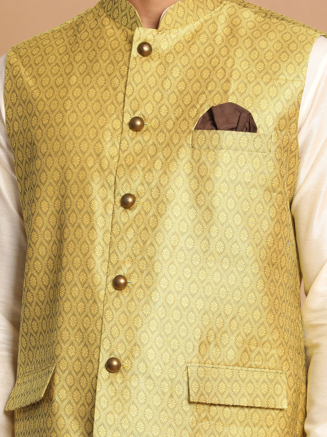 VASTRAMAY Men's Yellow Jacquard Nehru Jacket with Kurta Pyjama Set