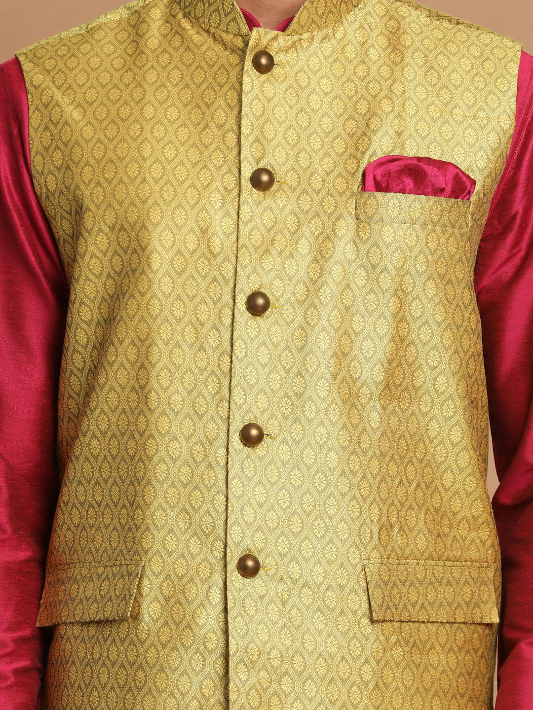 VASTRAMAY Men's Yellow Jacquard Nehru Jacket with Kurta Pyjama Set