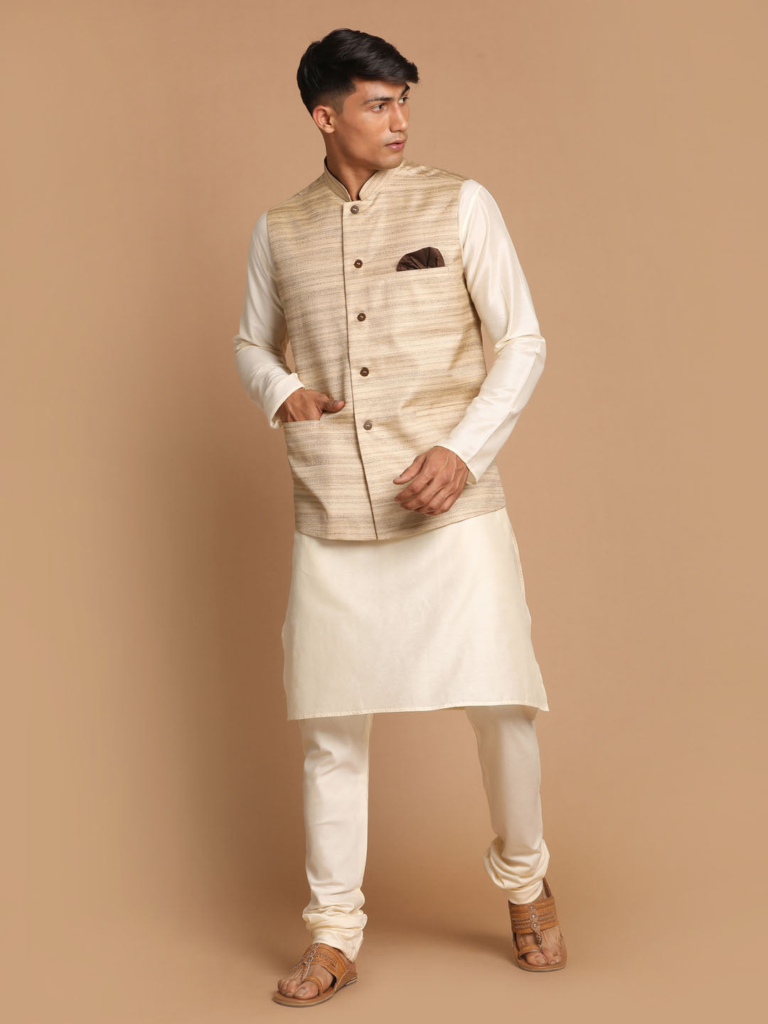 VASTRAMAY Men's Beige Textured Slim-Fit Nehru Jacket With Cream Colored Kurta Pajama Set