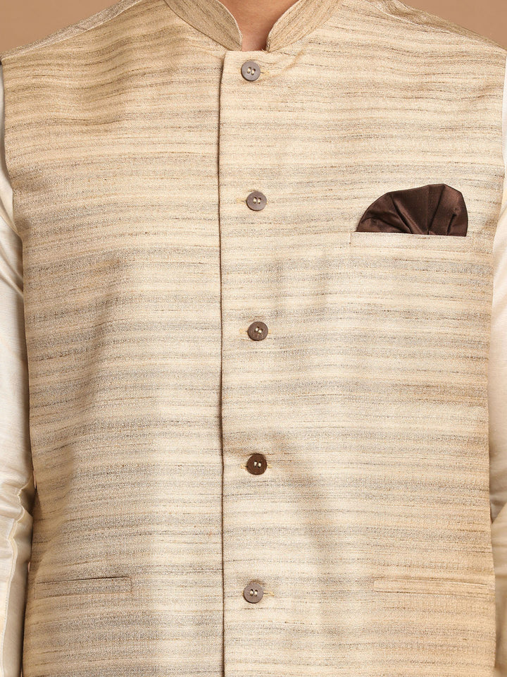 VASTRAMAY Men's Beige Textured Slim-Fit Nehru Jacket With Cream Colored Kurta Pajama Set