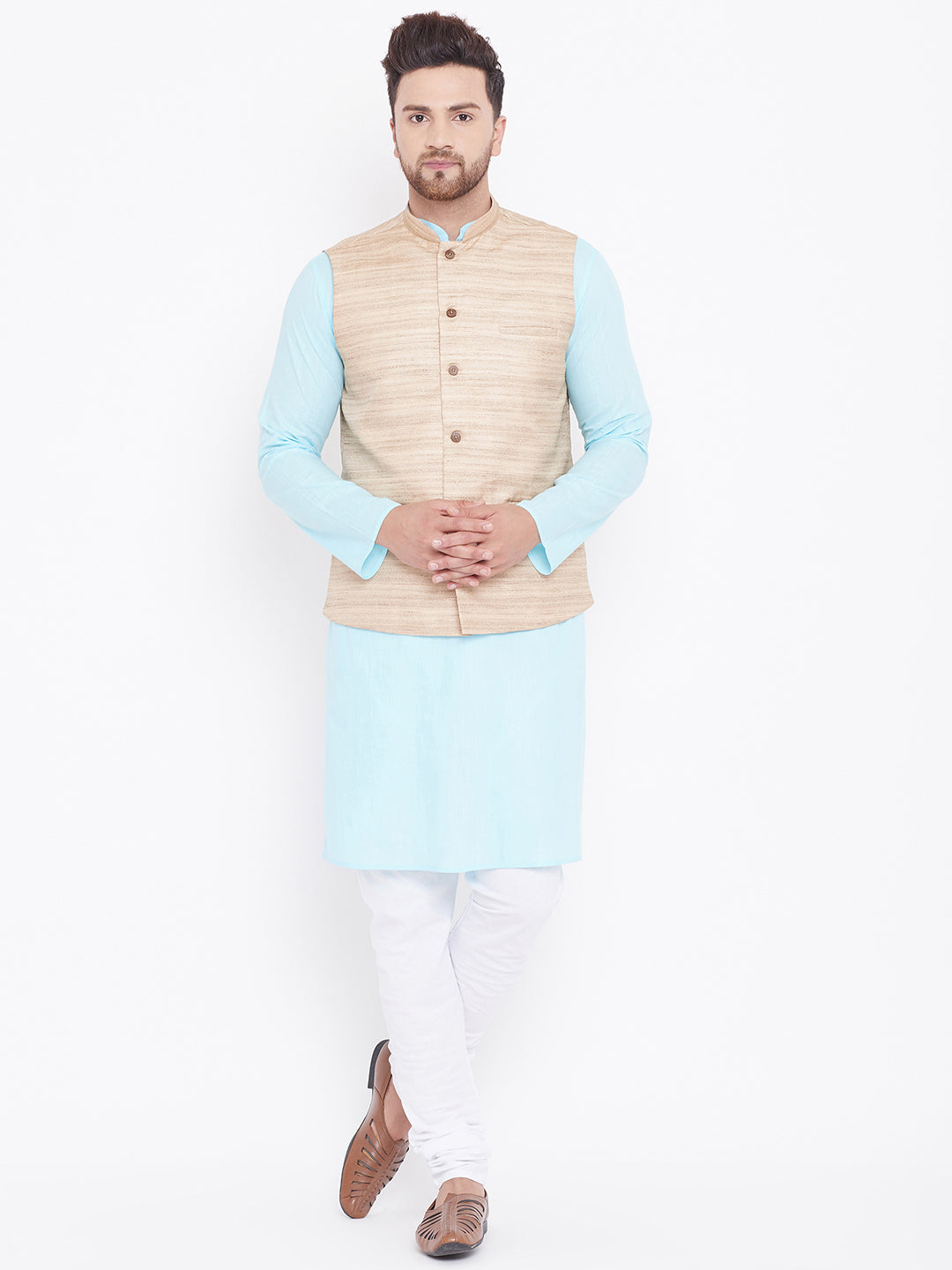 VASTRAMAY Men's Beige, Aqua And White Cotton Blend Jacket, Kurta and Pyjama Set