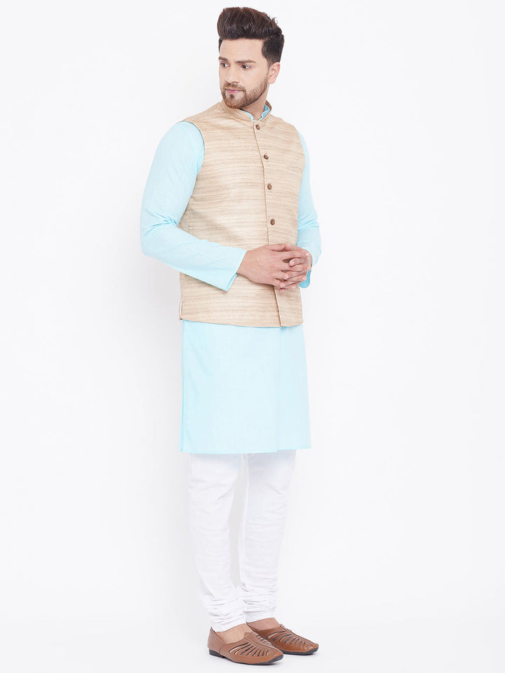 VASTRAMAY Men's Beige, Aqua And White Cotton Blend Jacket, Kurta and Pyjama Set