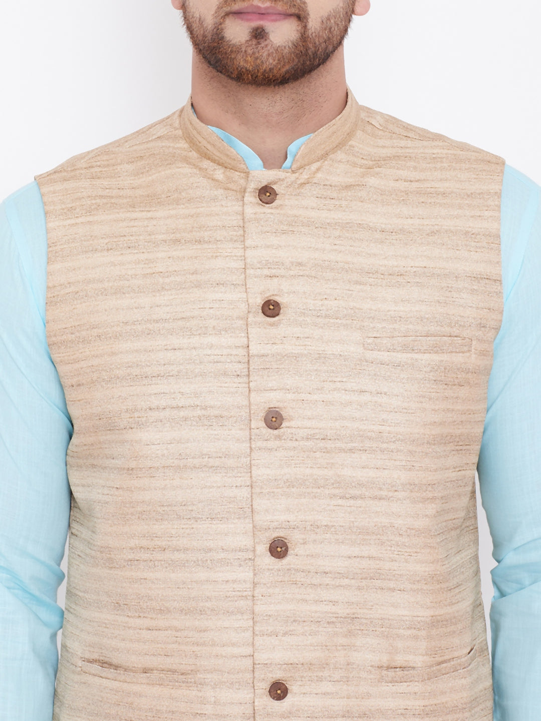 Vastramay Beige, Turquoise And White Baap Beta Nehru Jacket Kurta Pyjama set