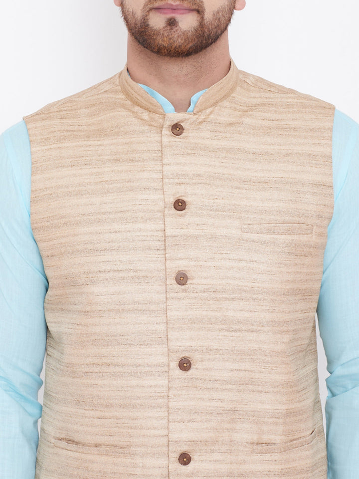 Vastramay Beige, Turquoise And White Baap Beta Nehru Jacket Kurta Pyjama set