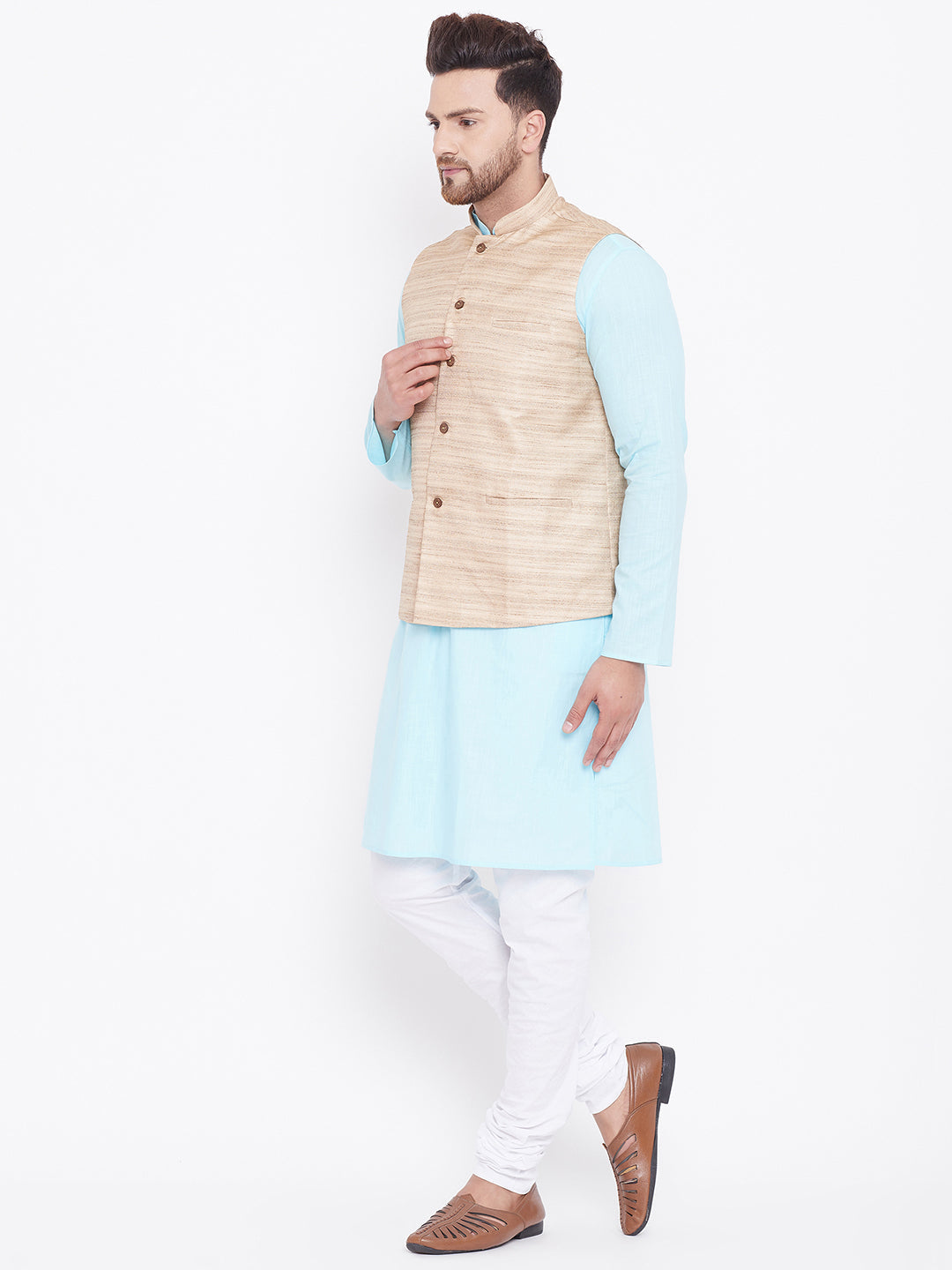 VASTRAMAY Men's Beige, Aqua And White Cotton Blend Jacket, Kurta and Pyjama Set