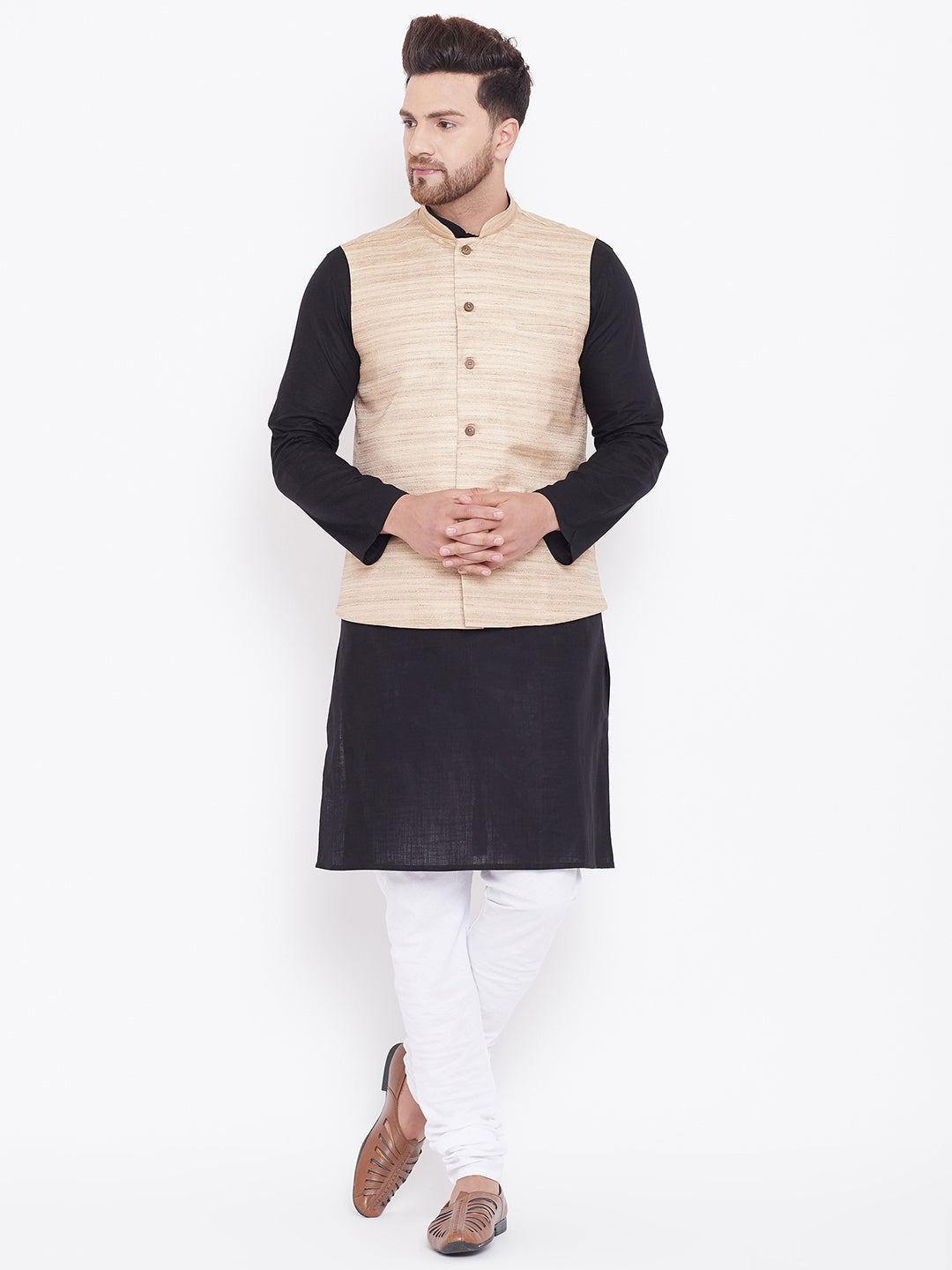 VASTRAMAY Men's Beige, Black And White Cotton Blend Jacket, Kurta and Pyjama Set