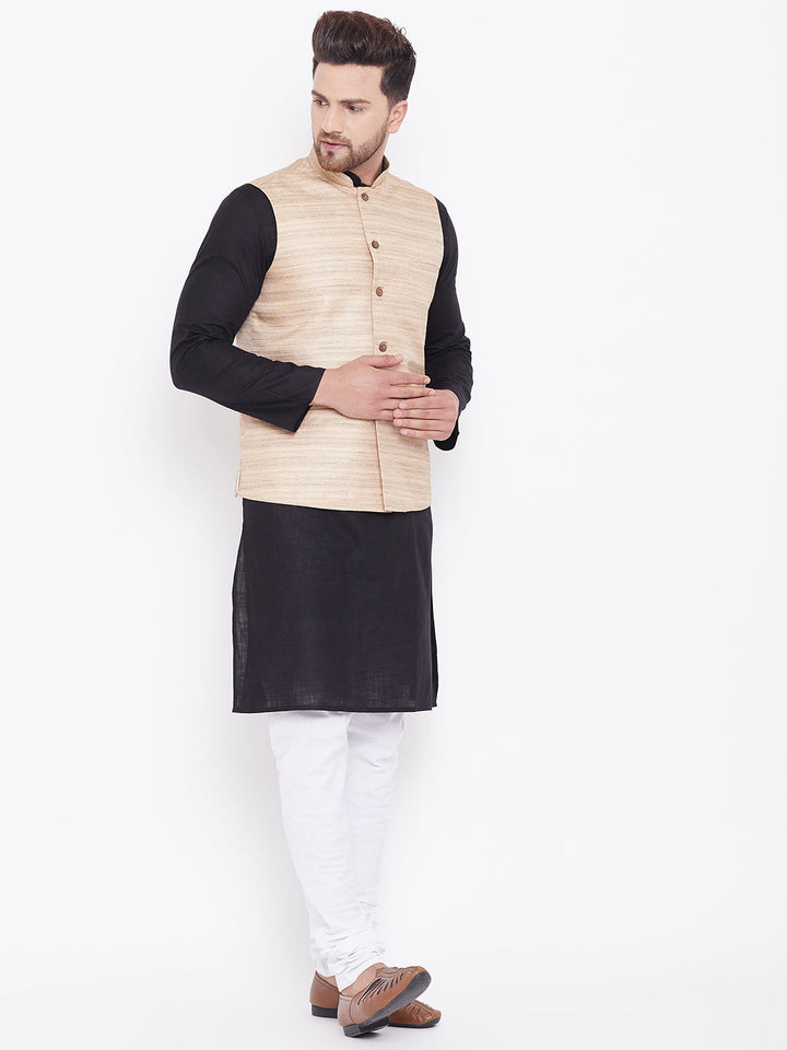 VASTRAMAY Men's Beige, Black And White Cotton Blend Jacket, Kurta and Pyjama Set