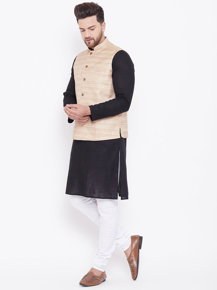 VASTRAMAY Men's Beige, Black And White Cotton Blend Jacket, Kurta and Pyjama Set