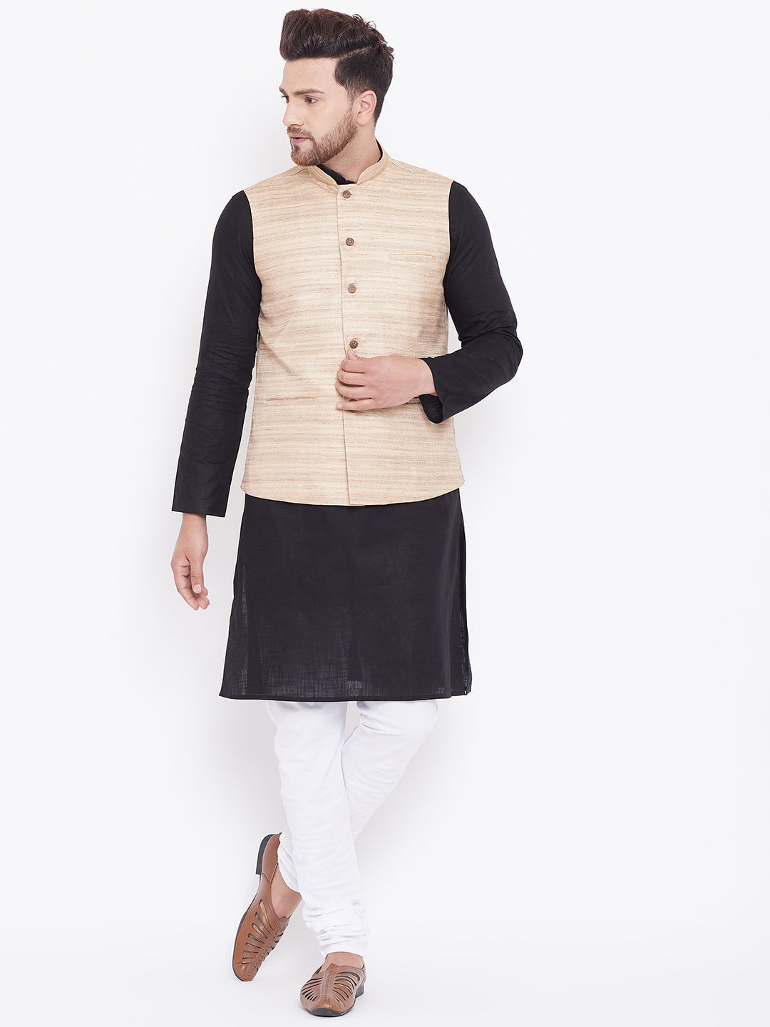 VASTRAMAY Men's Beige, Black And White Cotton Blend Jacket, Kurta and Pyjama Set