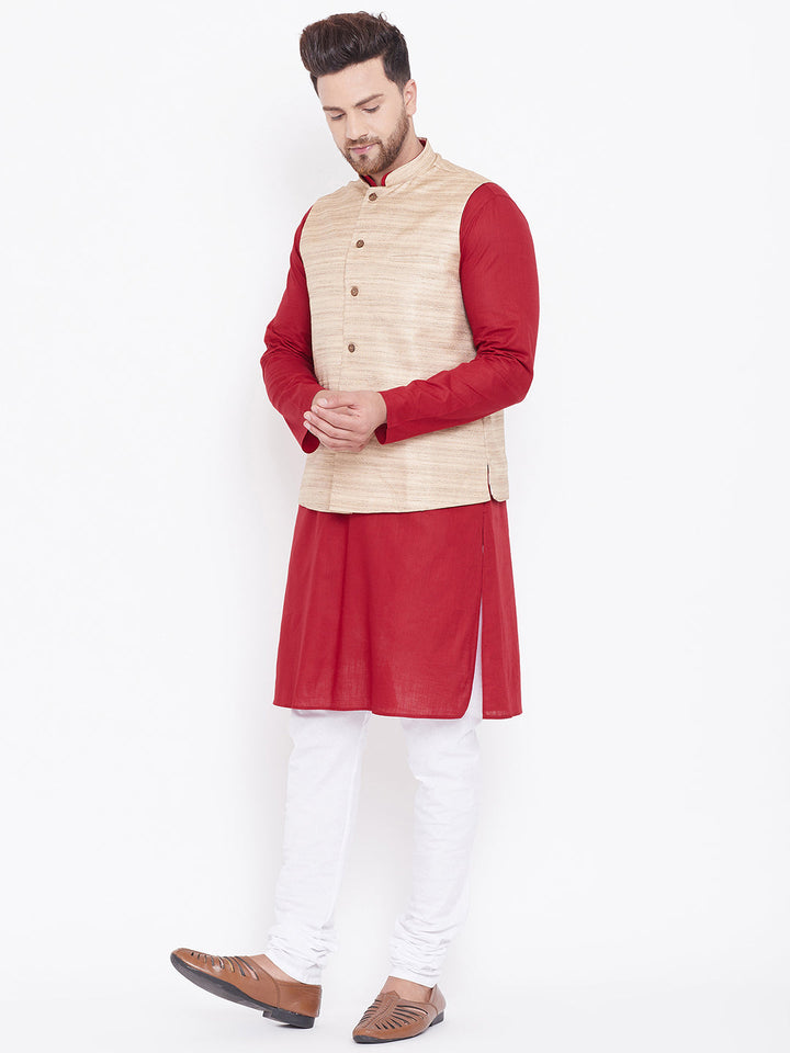 VASTRAMAY Men's Beige, Maroon And White Cotton Blend Jacket, Kurta and Pyjama Set