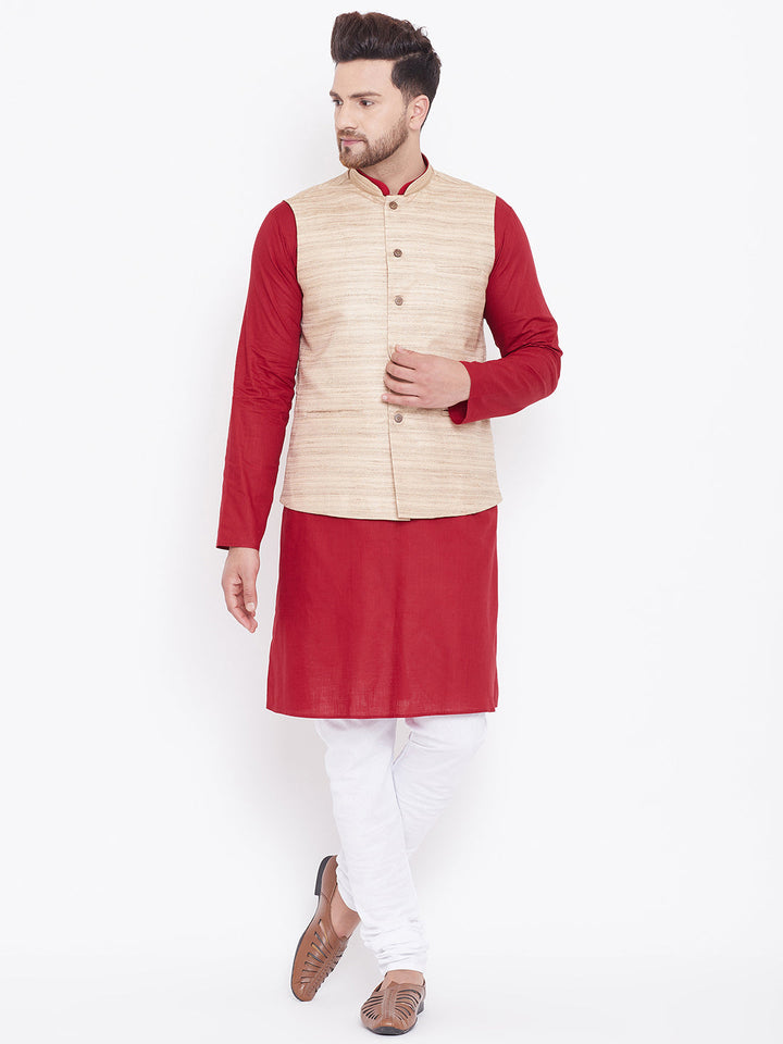 VASTRAMAY Men's Beige, Maroon And White Cotton Blend Jacket, Kurta and Pyjama Set