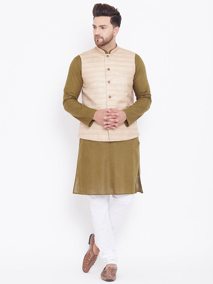 VASTRAMAY Men's Beige, Mehendi Green And White Cotton Blend Jacket, Kurta and Pyjama Set