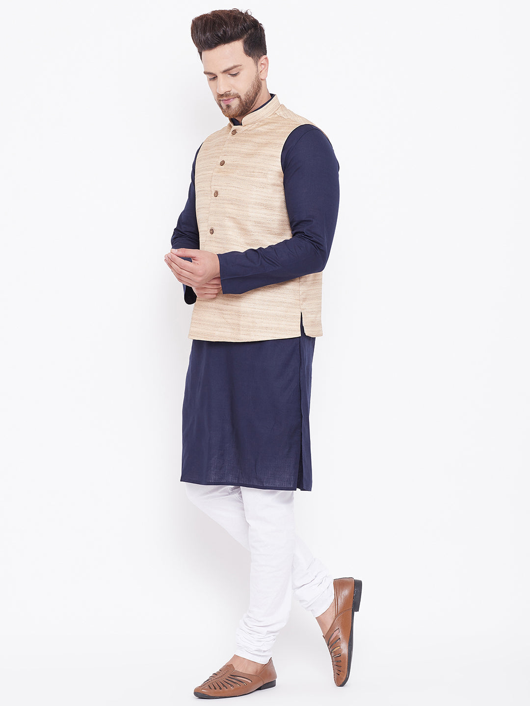 VASTRAMAY Men's Beige, Navy Blue And White Cotton Blend Jacket, Kurta and Pyjama Set