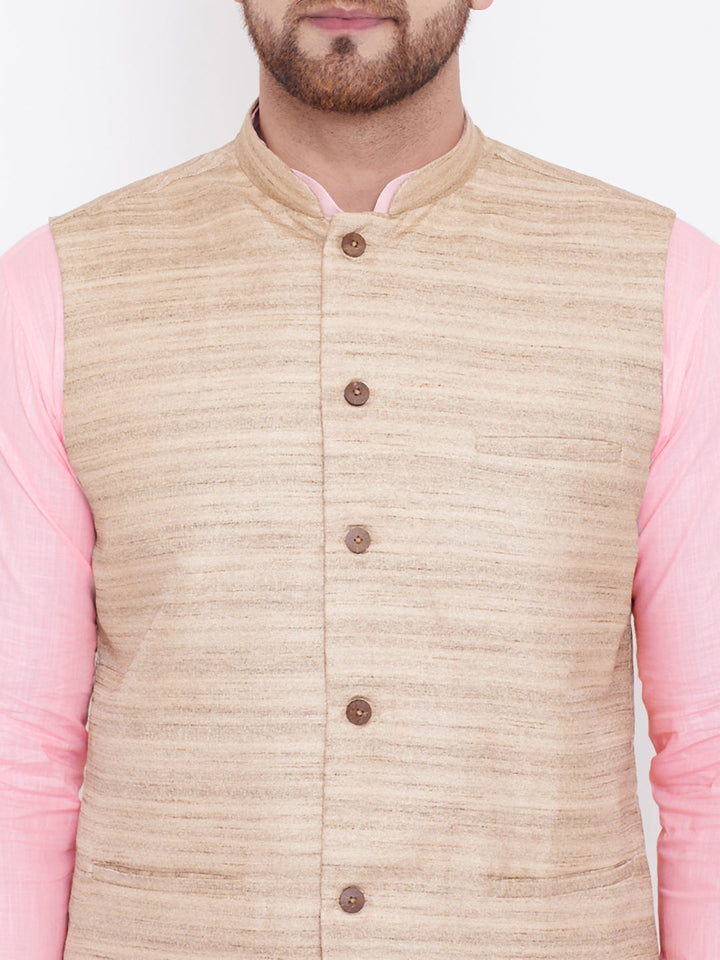 VASTRAMAY Beige, Pink And White Baap Beta Nehru Jacket Kurta Pyjama set