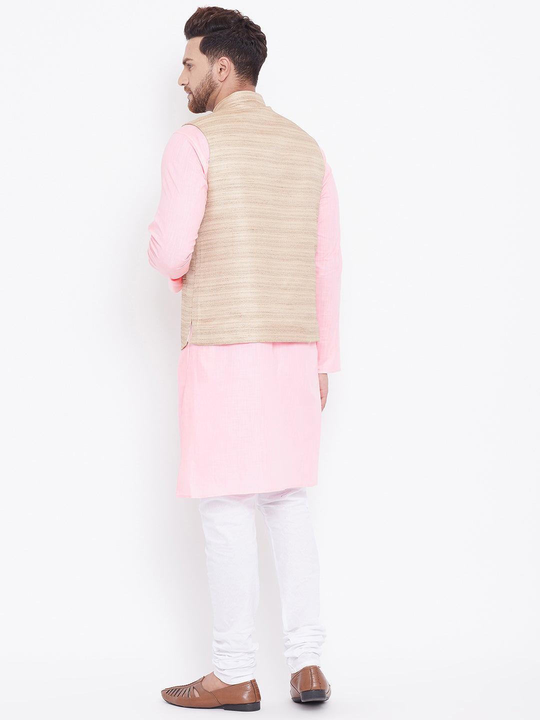 VASTRAMAY Beige, Pink And White Baap Beta Nehru Jacket Kurta Pyjama set