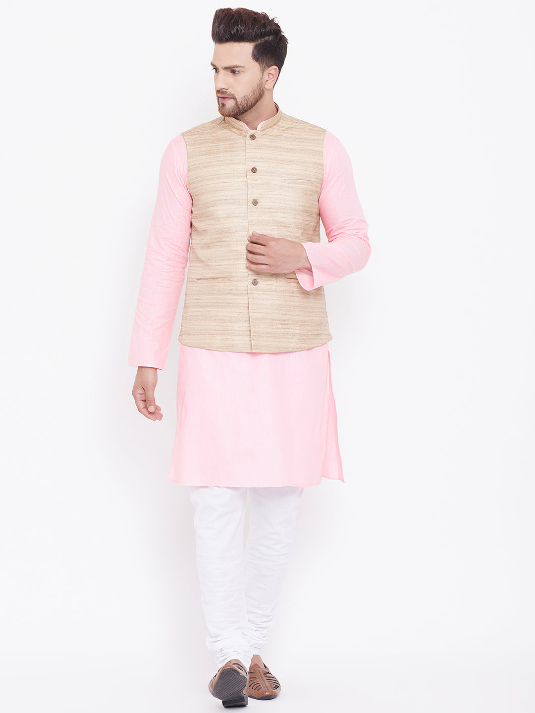 VASTRAMAY Men's Beige, Pink And White Cotton Blend Jacket, Kurta and Pyjama Set