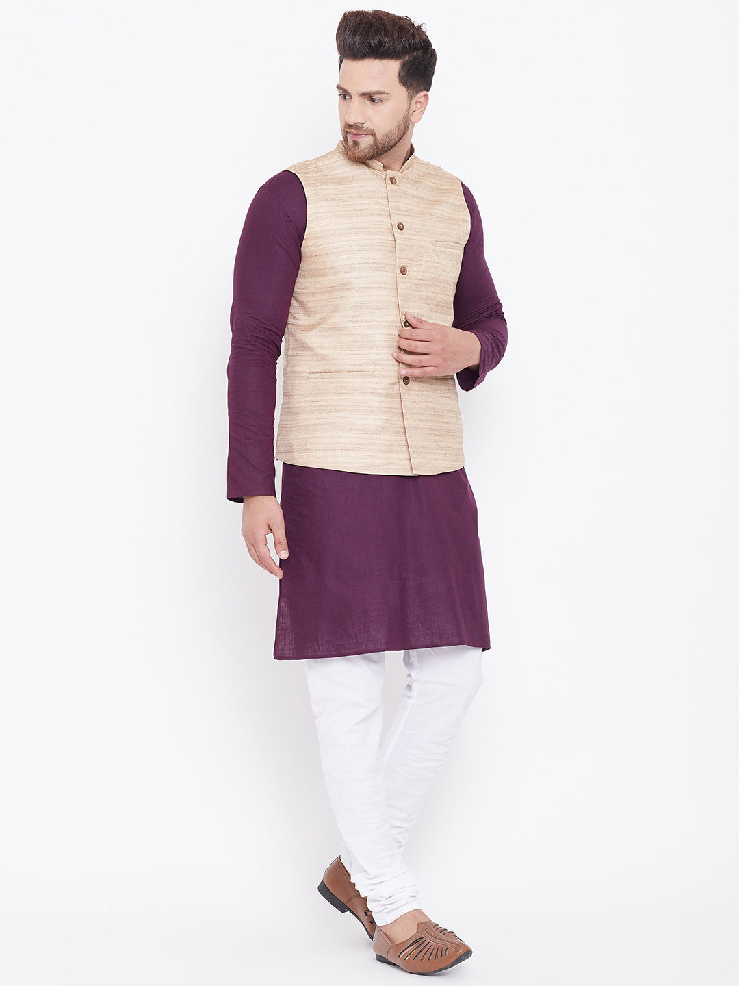 VASTRAMAY Beige, Purple And White Baap Beta Nehru Jacket Kurta Pyjama set