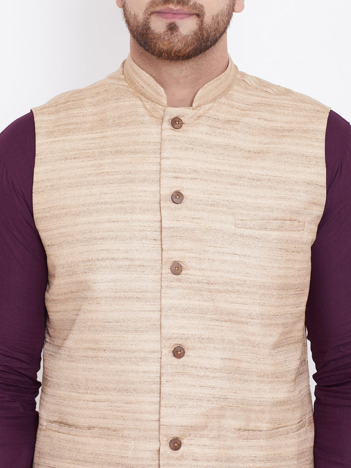 VASTRAMAY Beige, Purple And White Baap Beta Nehru Jacket Kurta Pyjama set