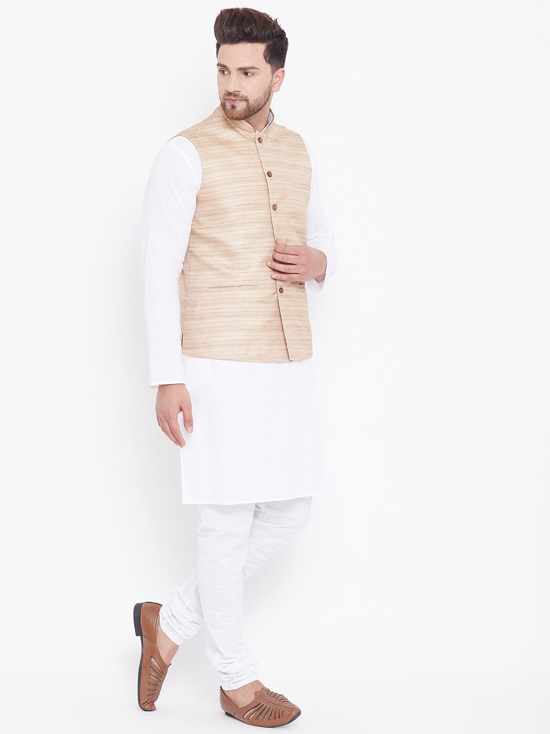 VASTRAMAY Beige Cotton Silk Nehru Jacket & White Kurta Pyjama Baap Beta Set