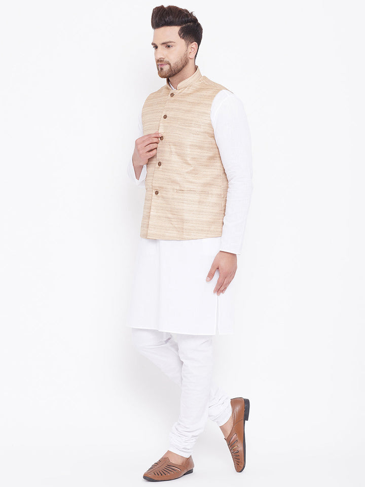 VASTRAMAY Men's Beige And White Cotton Blend Jacket, Kurta and Pyjama Set