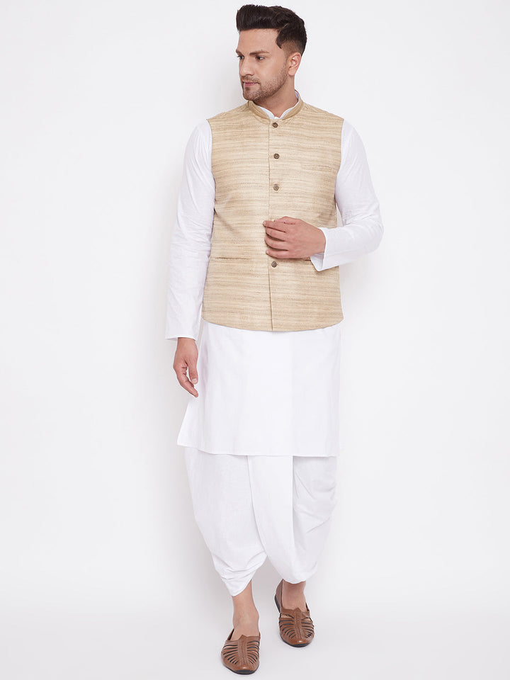 VM BY Vastramay Men's Beige And White Cotton Blend Jacket, Kurta and Dhoti Set