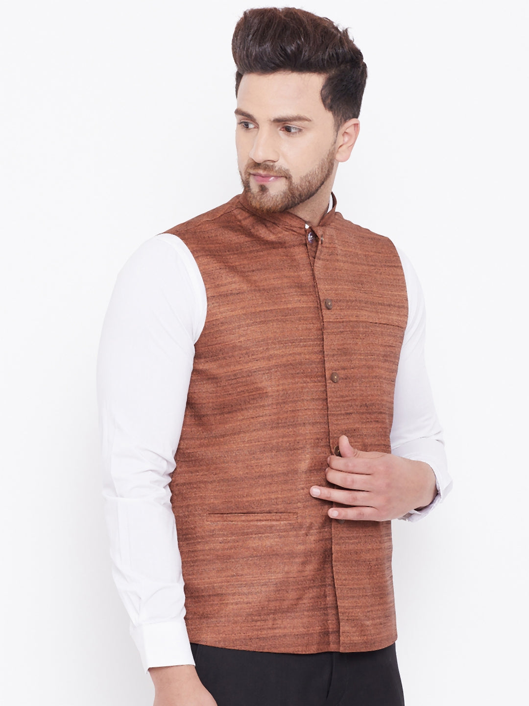 VM BY VASTRAMAY Men's Coffee Brown Silk Blend Nehru Jacket