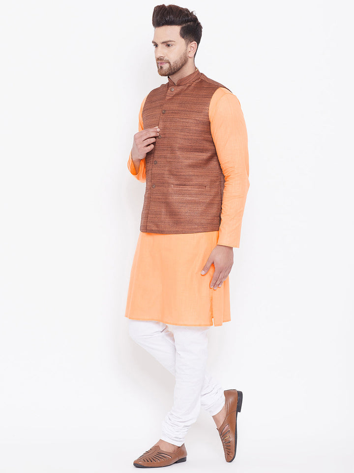 VASTRAMAY Men's Coffee Brown, Fawn And White Cotton Blend Jacket, Kurta and Pyjama Set