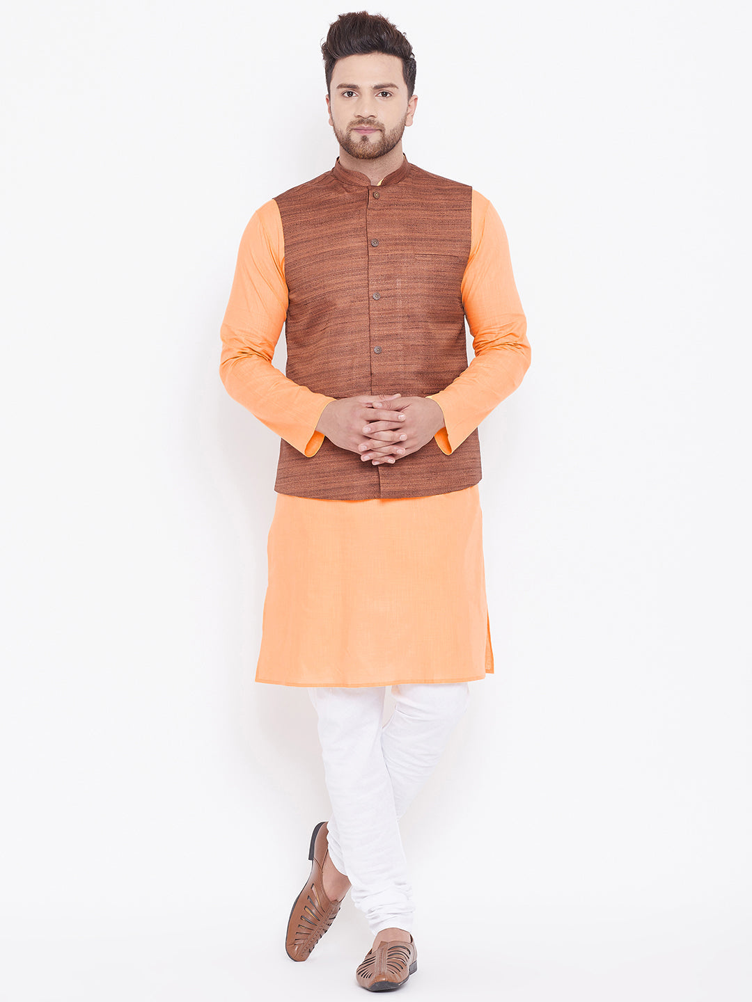 VASTRAMAY Men's Coffee Brown, Fawn And White Cotton Blend Jacket, Kurta and Pyjama Set