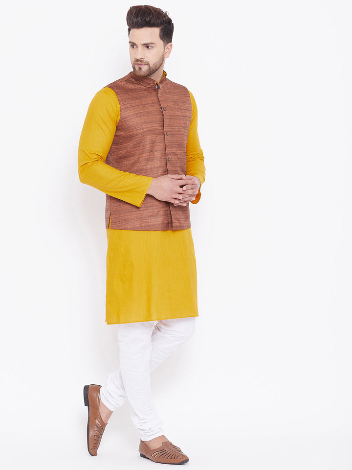 Vastramay Brown, Mustard And White Baap Beta Nehru Jacket Kurta Pyjama set