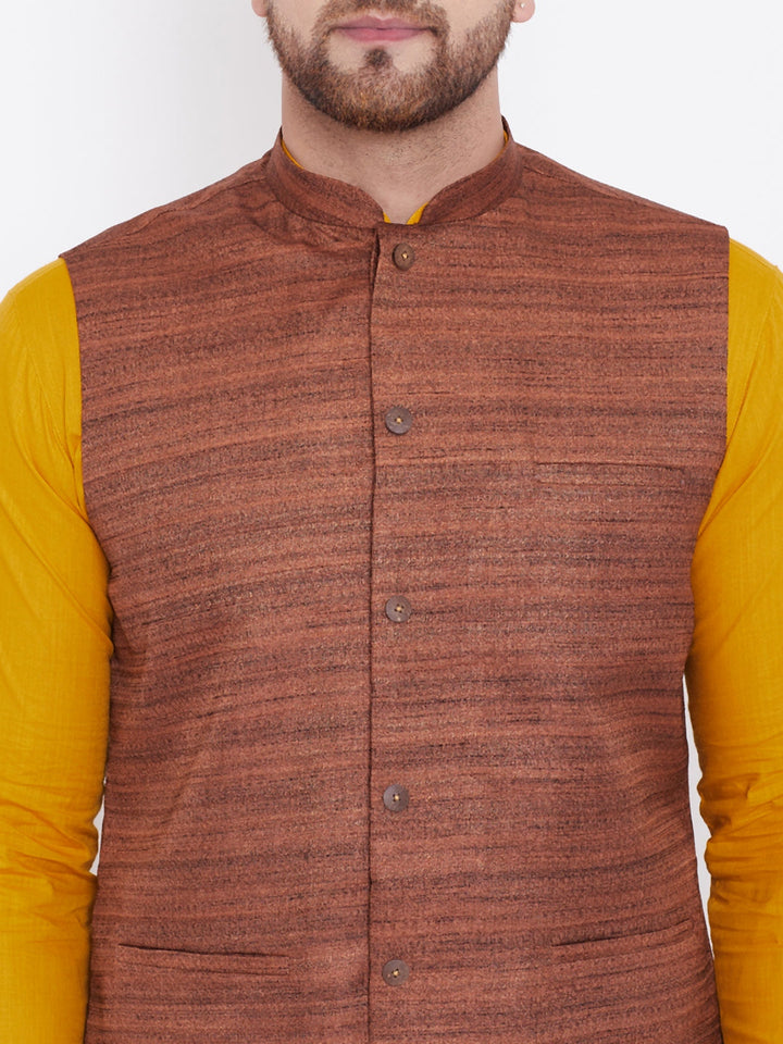 Vastramay Brown, Mustard And White Baap Beta Nehru Jacket Kurta Pyjama set