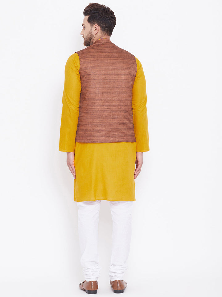 Vastramay Brown, Mustard And White Baap Beta Nehru Jacket Kurta Pyjama set