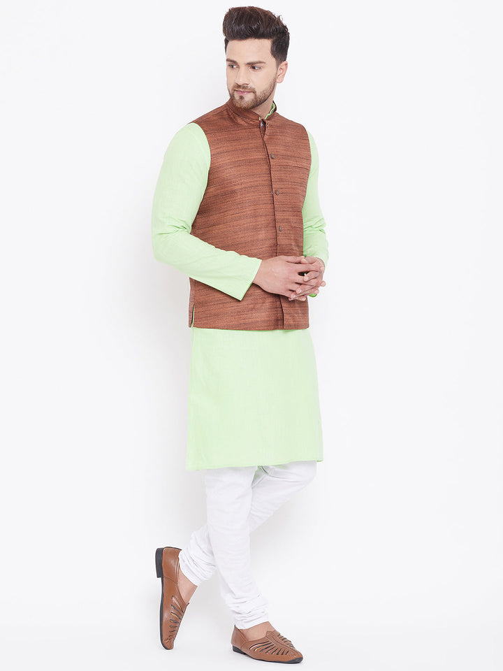 VASTRAMAY Men's Coffee, Mint Green And White Cotton Blend Jacket, Kurta and Pyjama Set