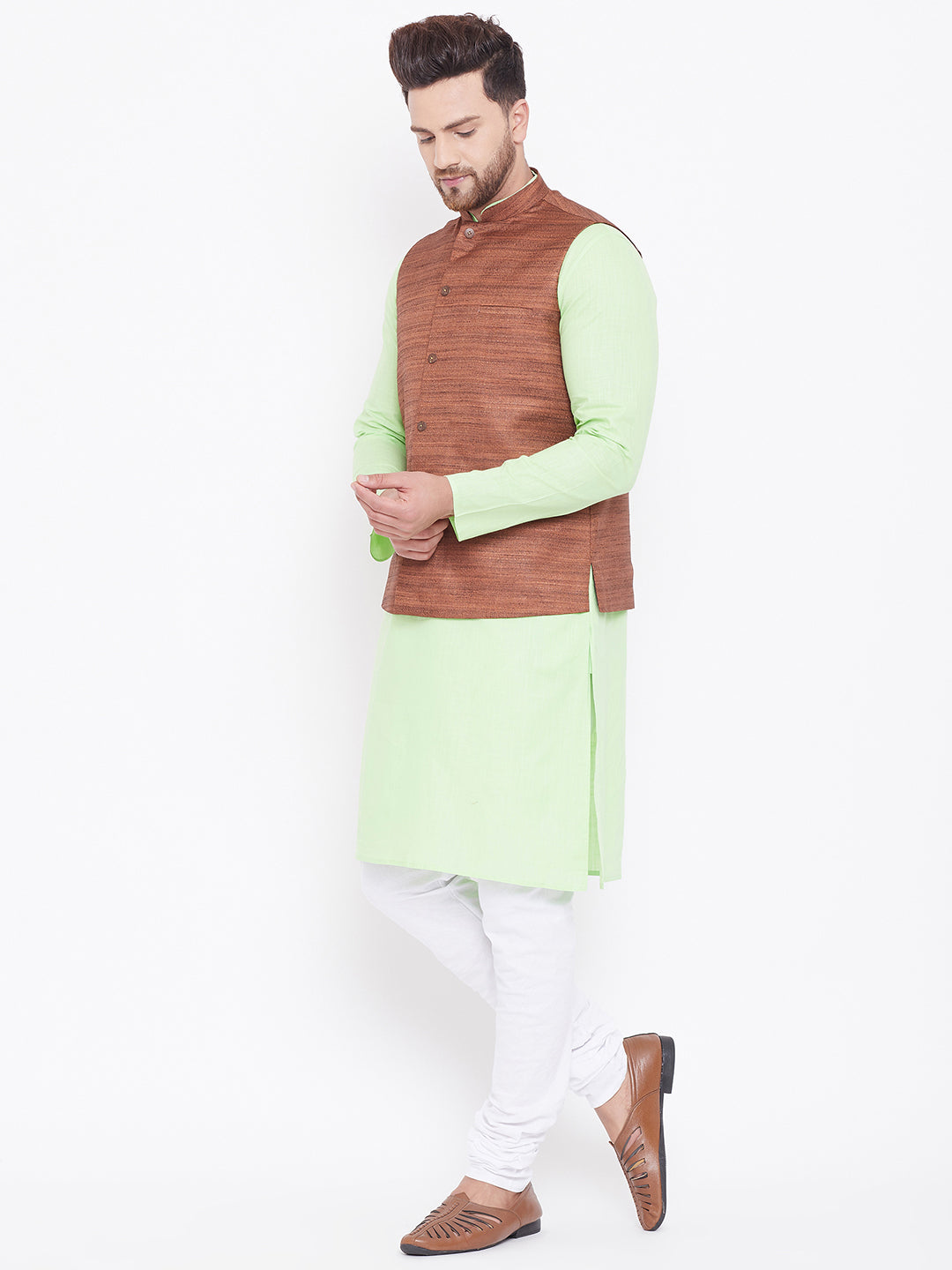 VASTRAMAY Men's Coffee, Mint Green And White Cotton Blend Jacket, Kurta and Pyjama Set