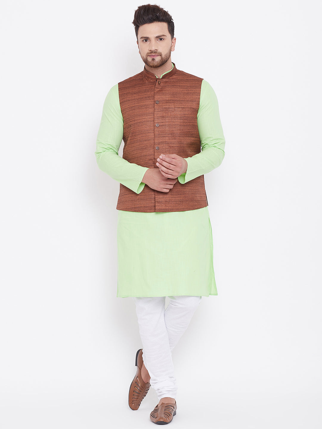 VASTRAMAY Men's Coffee, Mint Green And White Cotton Blend Jacket, Kurta and Pyjama Set