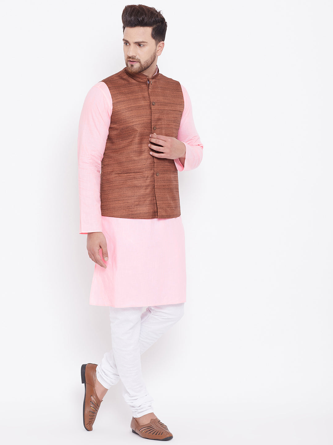 VASTRAMAY Brown, Pink And White Baap Beta Nehru Jacket Kurta Pyjama set