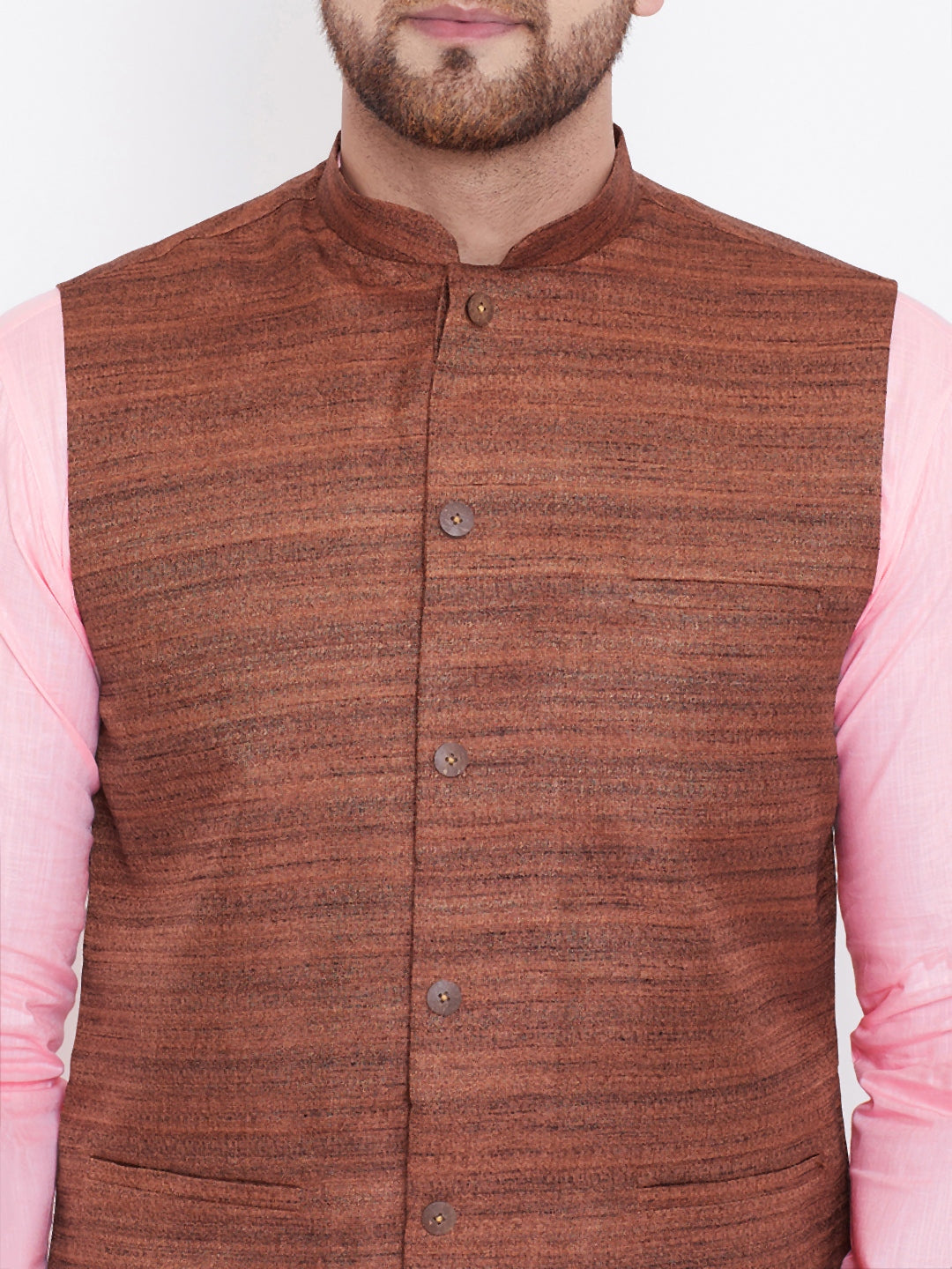 VASTRAMAY Men's Coffee Brown, Pink And White Cotton Blend Jacket, Kurta and Pyjama Set