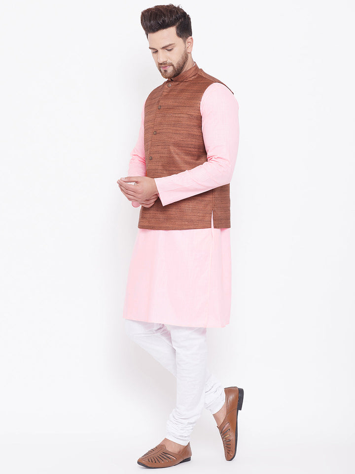 VASTRAMAY Men's Coffee Brown, Pink And White Cotton Blend Jacket, Kurta and Pyjama Set