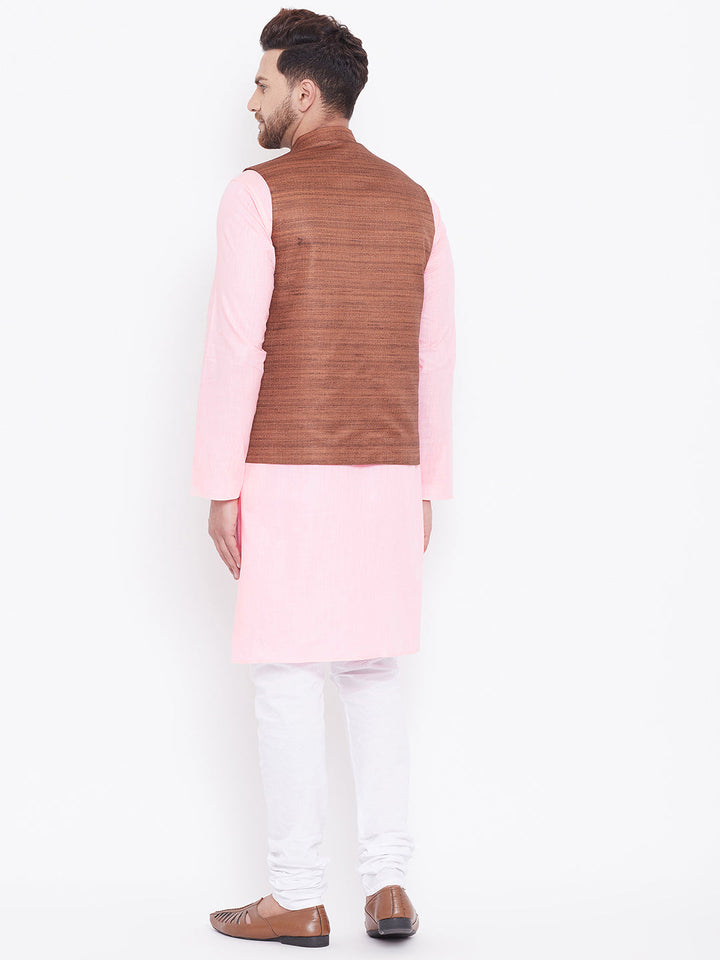 VASTRAMAY Men's Coffee Brown, Pink And White Cotton Blend Jacket, Kurta and Pyjama Set