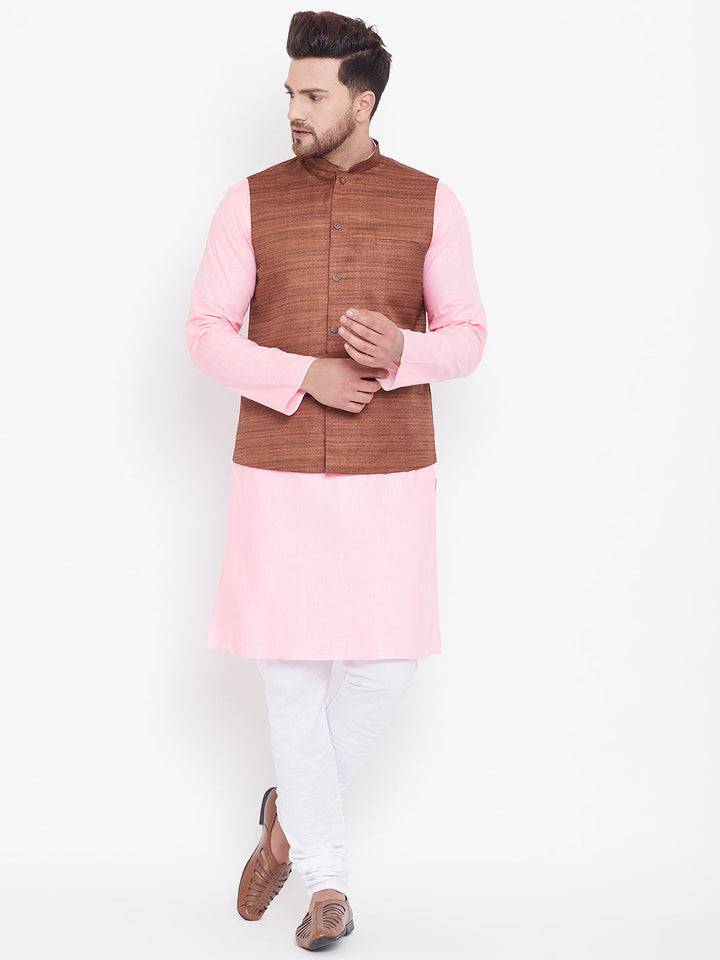 VASTRAMAY Men's Coffee Brown, Pink And White Cotton Blend Jacket, Kurta and Pyjama Set