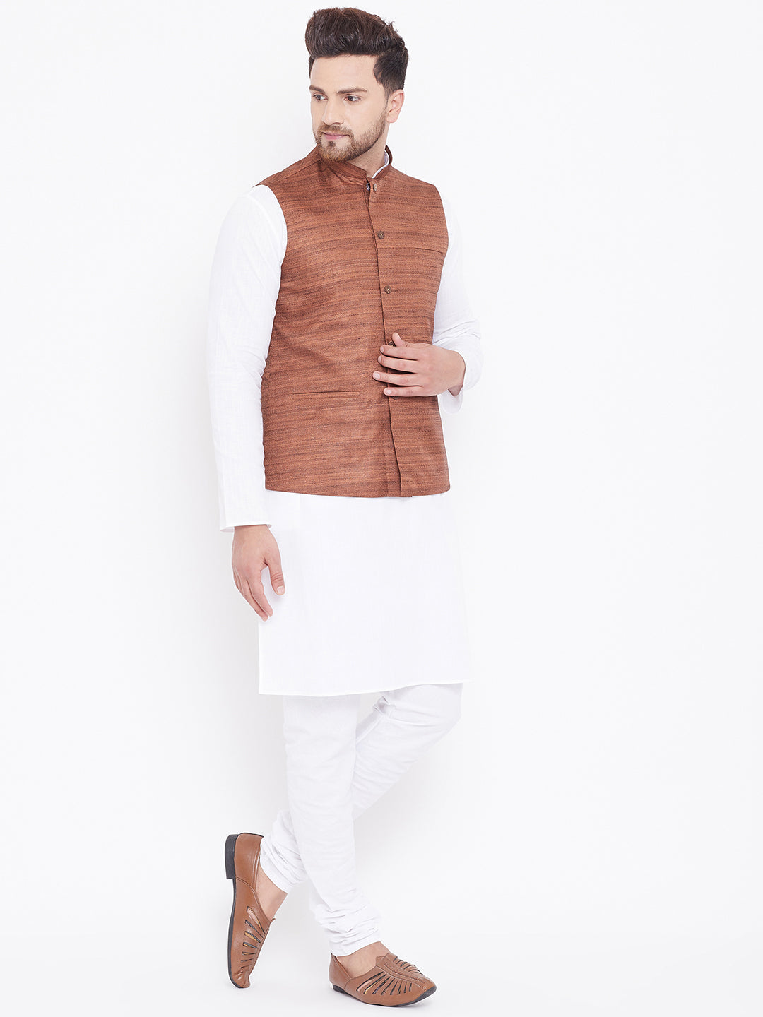 VASTRAMAY Brown Color Nehru Jacket And White Kurta Pyjama Baap Beta Set