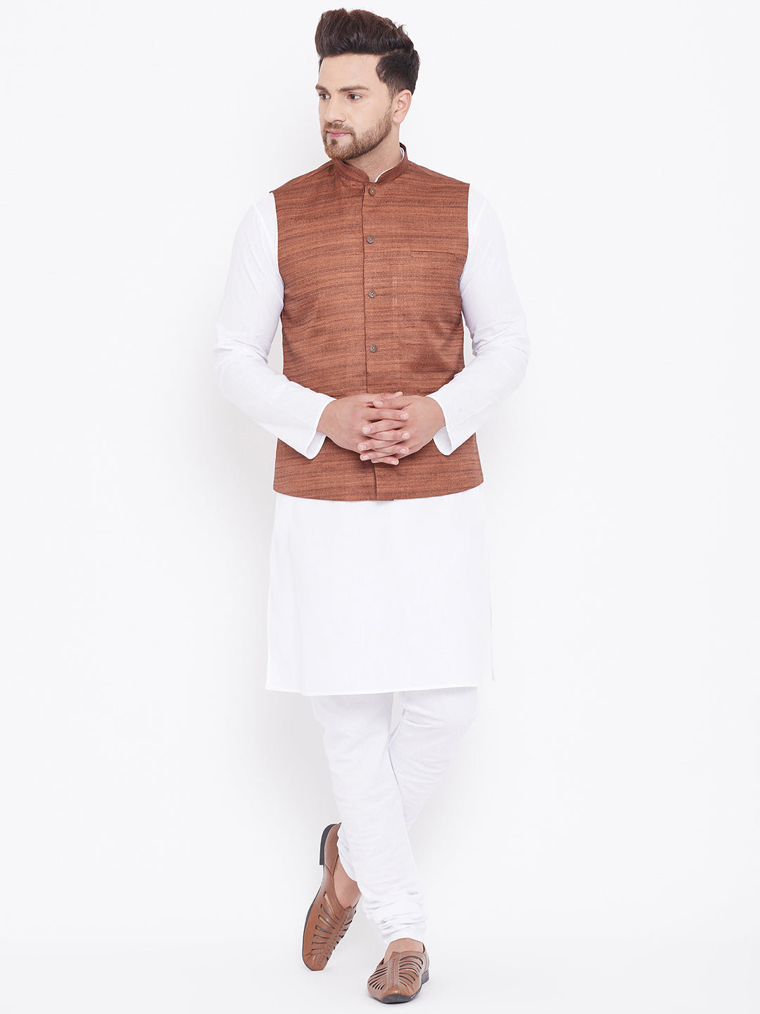 VASTRAMAY Men's Coffee Brown And White Cotton Blend Jacket, Kurta and Pyjama Set